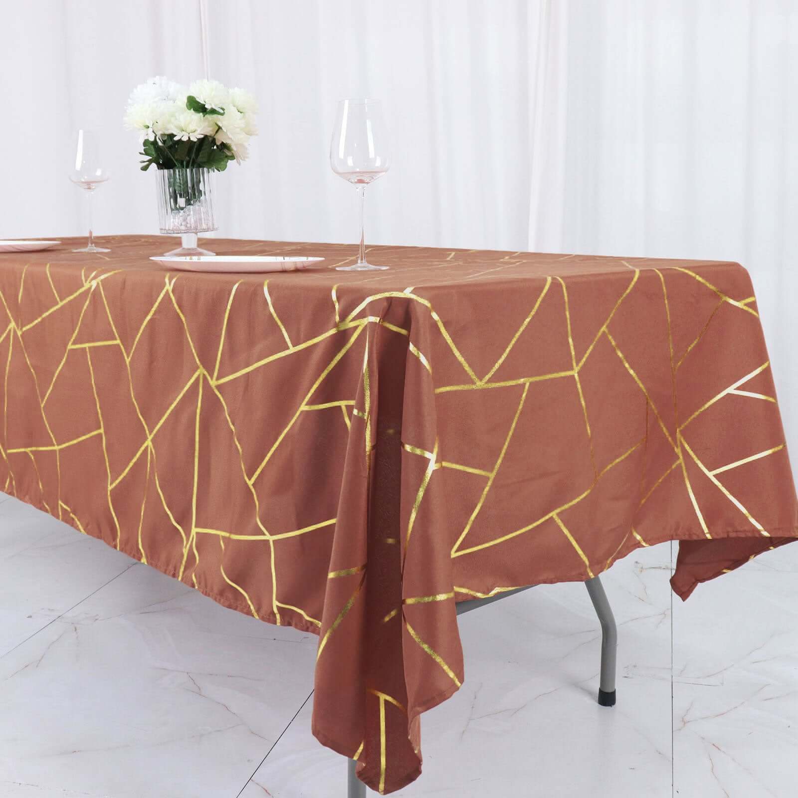 Polyester 60"x102" Rectangle Tablecloth Terracotta (Rust) with Gold Foil Geometric Pattern - Wrinkle-Resistant & Durable Table Cover