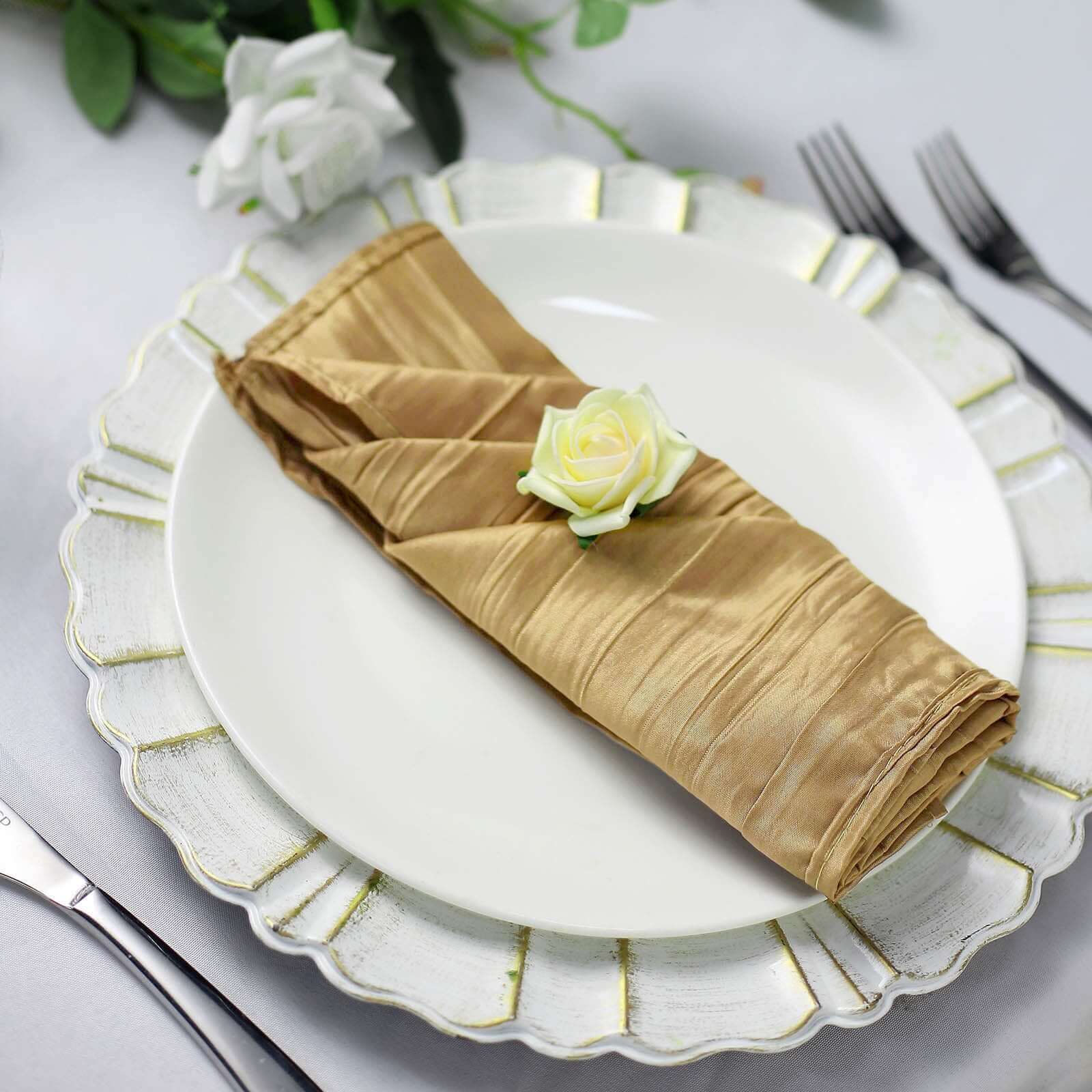 5 Pack Taffeta 20"x20" Napkins Gold - Accordion Crinkle Style Dinner Napkins for Upscale Dining