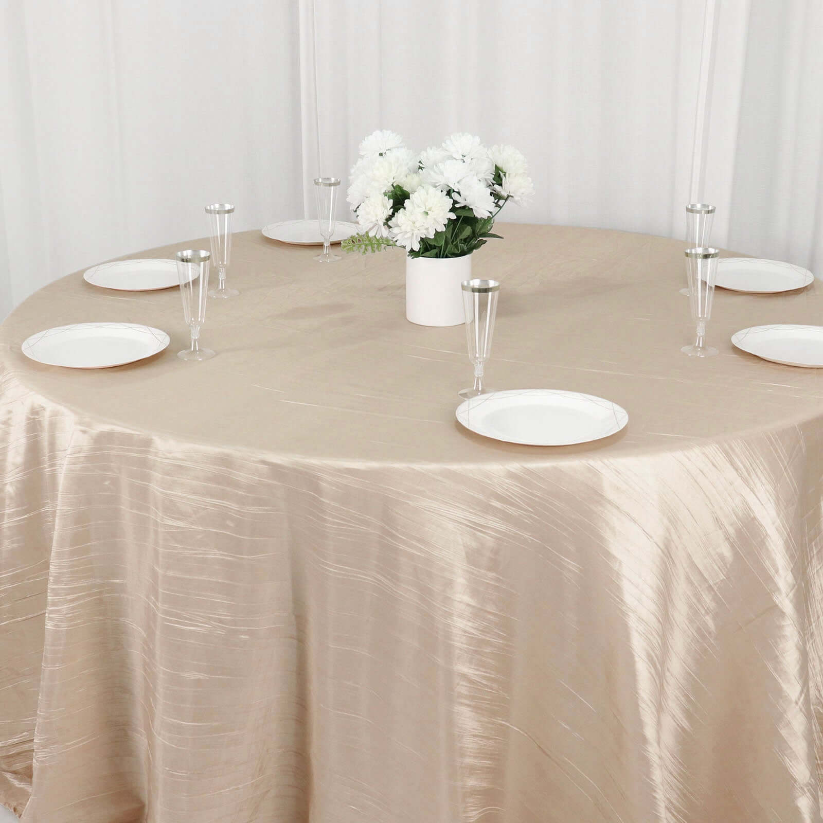 Taffeta 132" Round Tablecloth Beige - Seamless Accordion Crinkle Table Cover