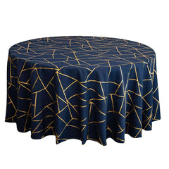 Polyester 120" Round Tablecloth Navy Blue with Gold Foil Geometric Pattern Wrinkle-Resistant Seamless Table Cover