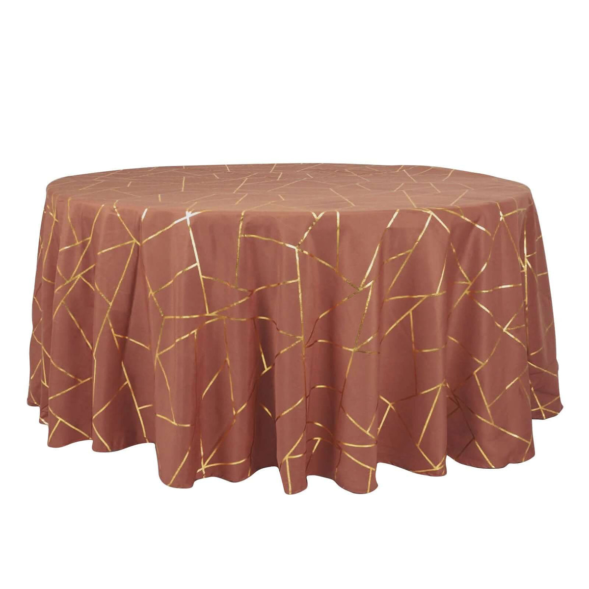 Polyester 120" Round Tablecloth Terracotta (Rust) with Gold Foil Geometric Pattern Wrinkle-Resistant Seamless Table Cover