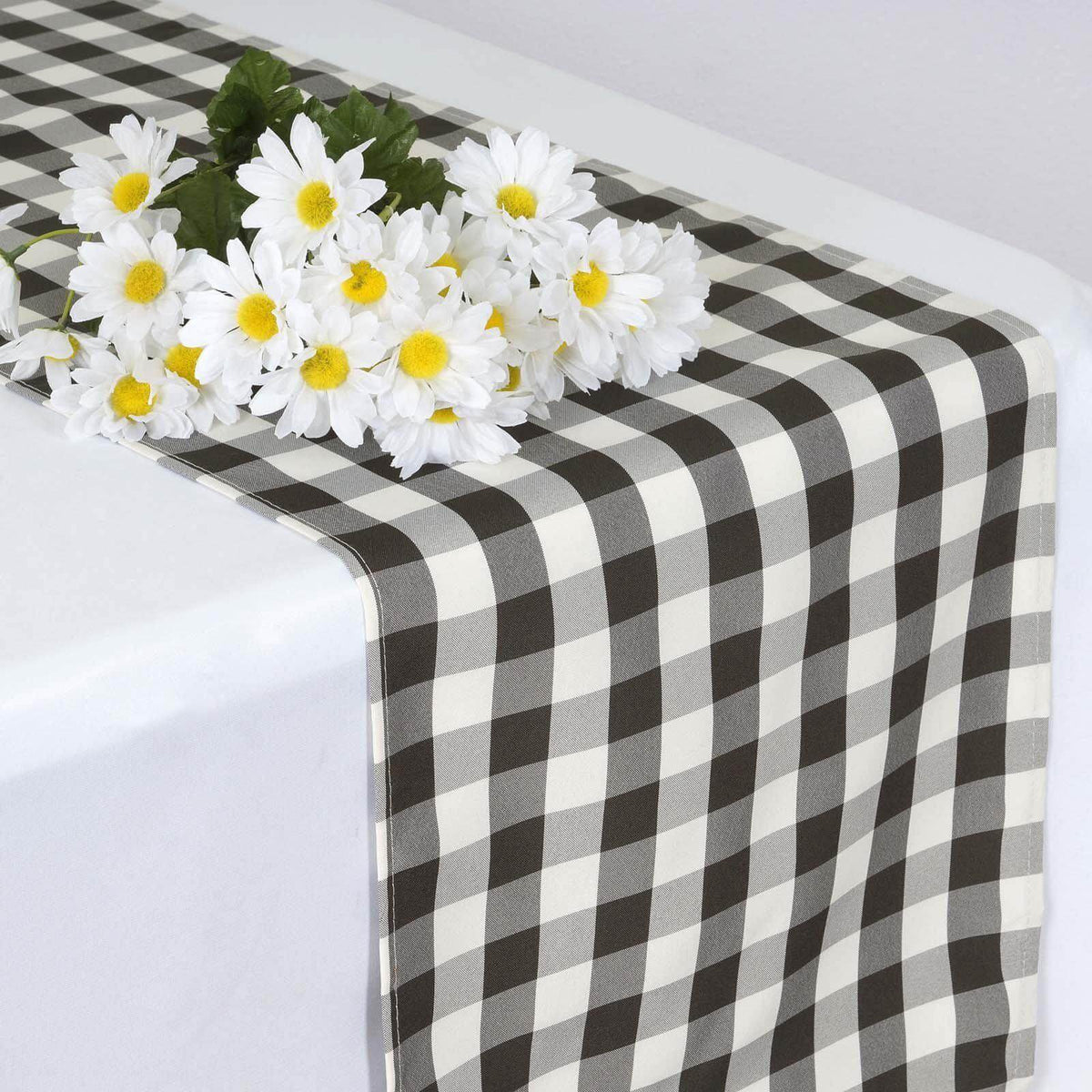 Polyester 14"x108" Table Runner Black/White - Gingham Plaid Design
