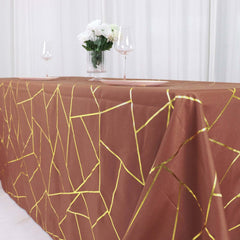 Polyester 90"x132" Rectangle Tablecloth Terracotta (Rust) with Gold Foil Geometric Pattern - Wrinkle-Resistant Seamless Table Cover