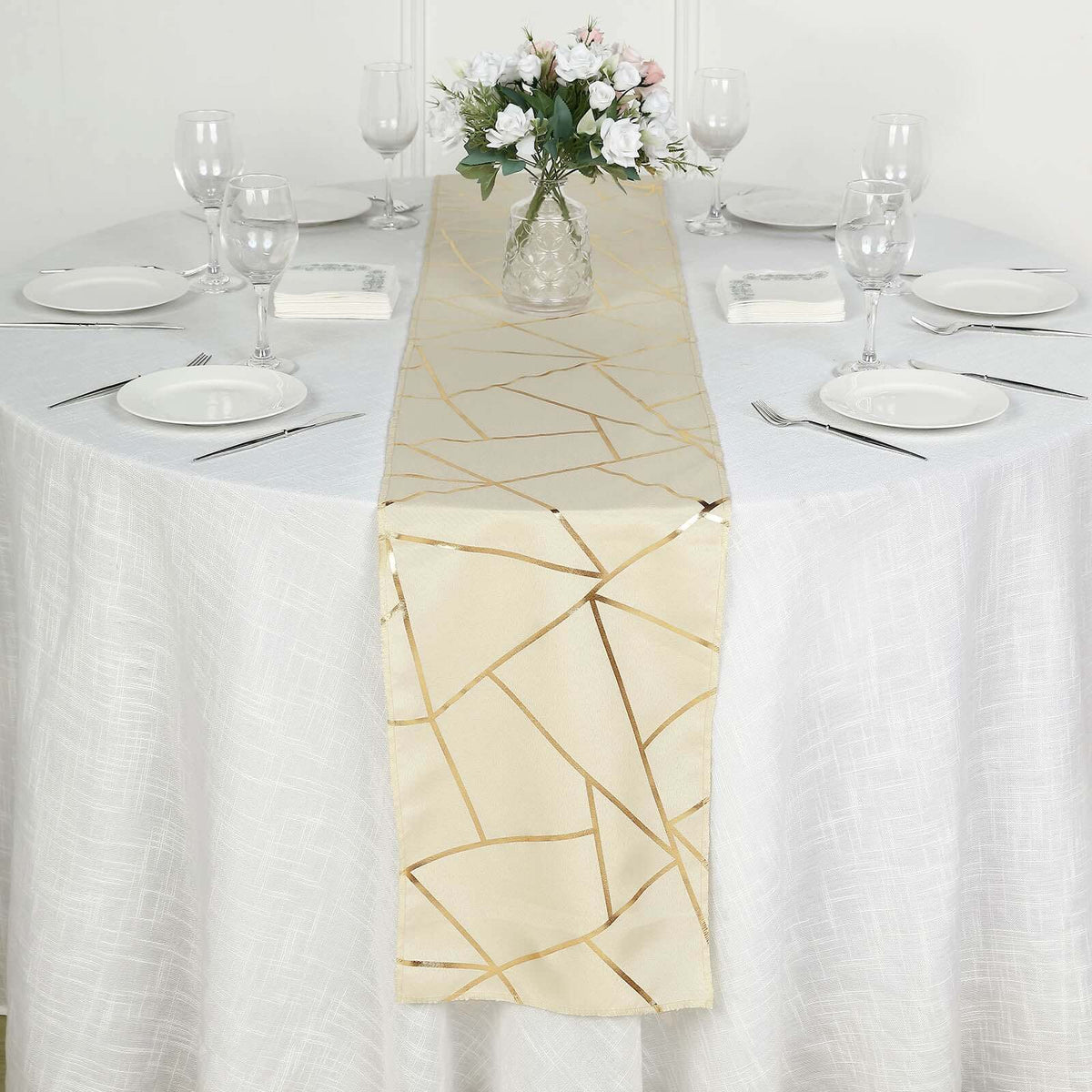 Polyester 9ft Table Runner Beige with Gold Foil Modern Geometric Accent