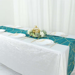 Polyester 9ft Table Runner Teal with Gold Foil Modern Geometric Accent