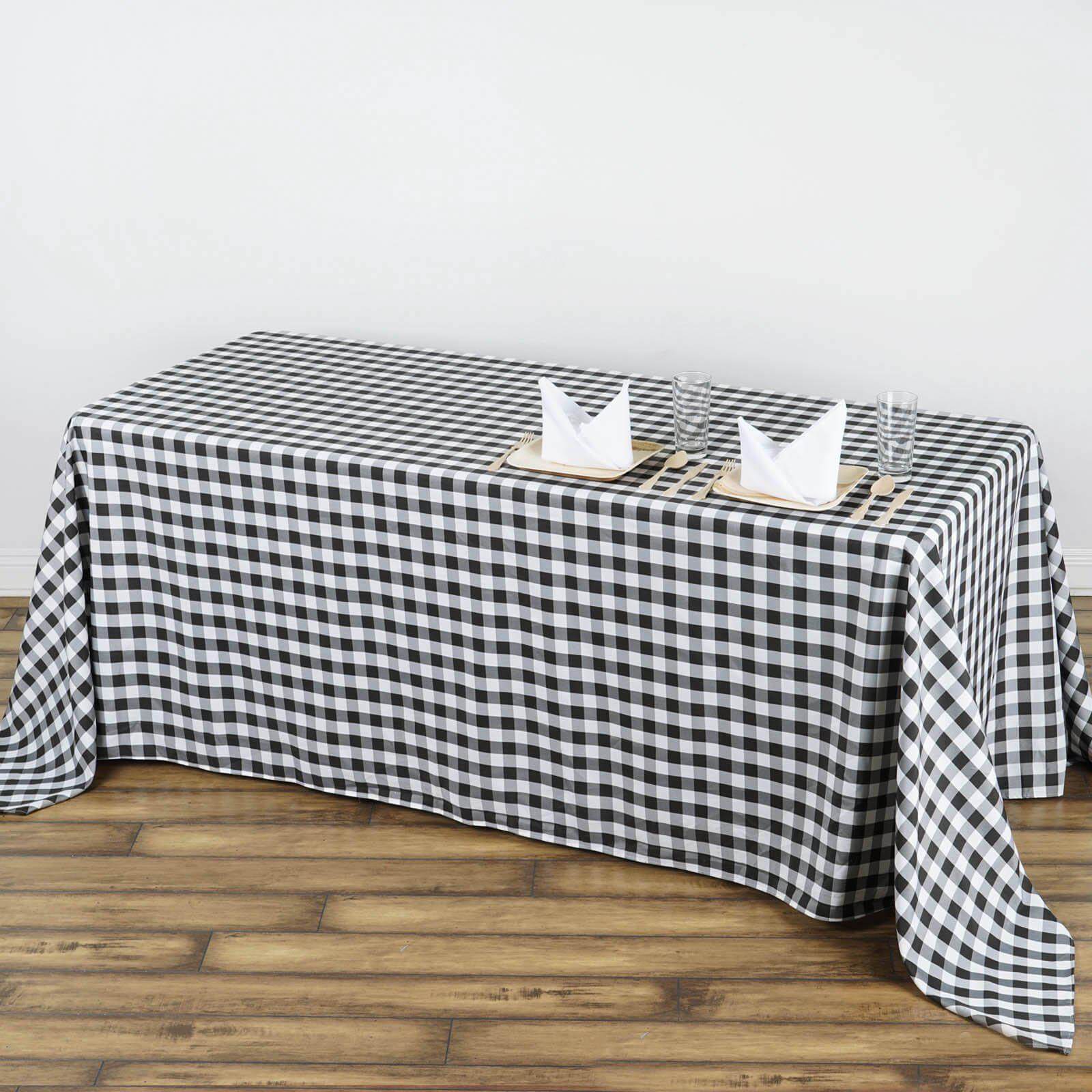Polyester 90"x132" Rectangle Tablecloth White/Black - Seamless Checkered Buffalo Plaid Design for Farmhouse Celebrations