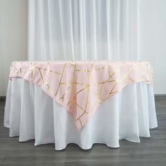 Polyester 54"x54" Table Overlay Square Tablecloth Blush with Gold Foil Geometric Pattern - Wrinkle-Resistant & Durable Table Topper
