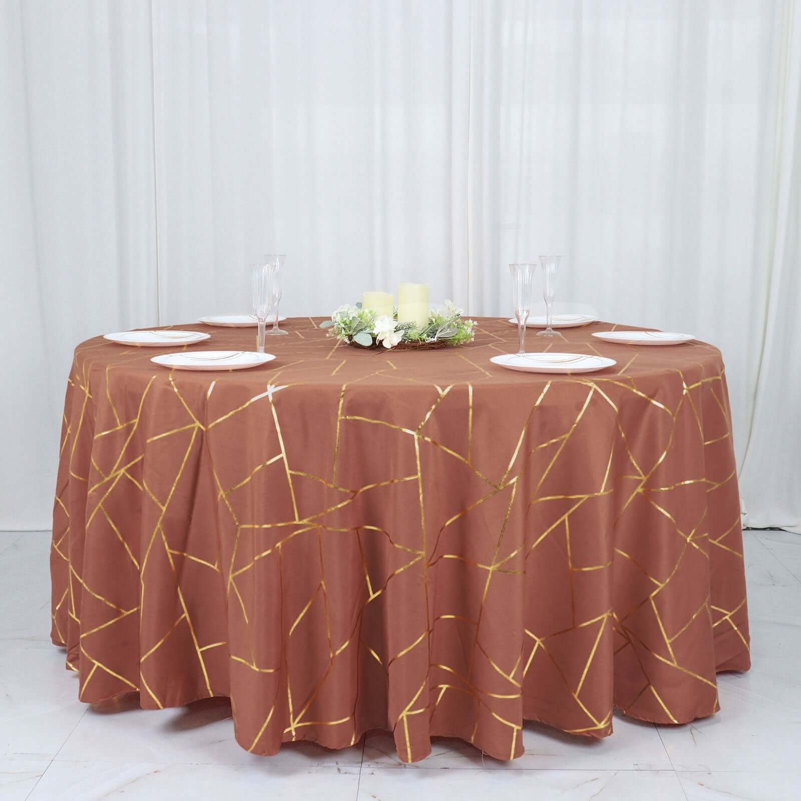 Polyester 120" Round Tablecloth Terracotta (Rust) with Gold Foil Geometric Pattern Wrinkle-Resistant Seamless Table Cover