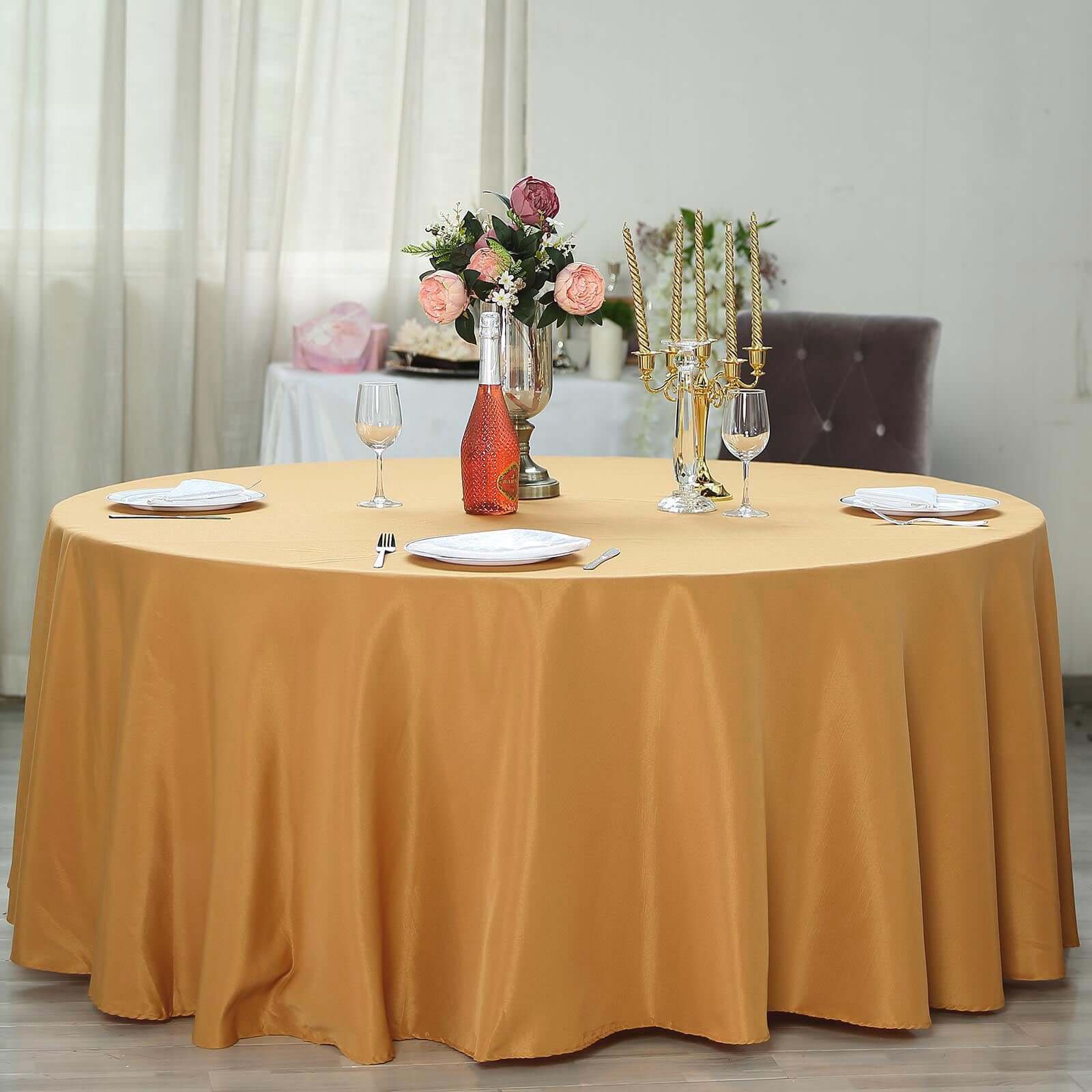 Polyester 132" Round Tablecloth Gold - Seamless Chic Design for Grand Celebrations