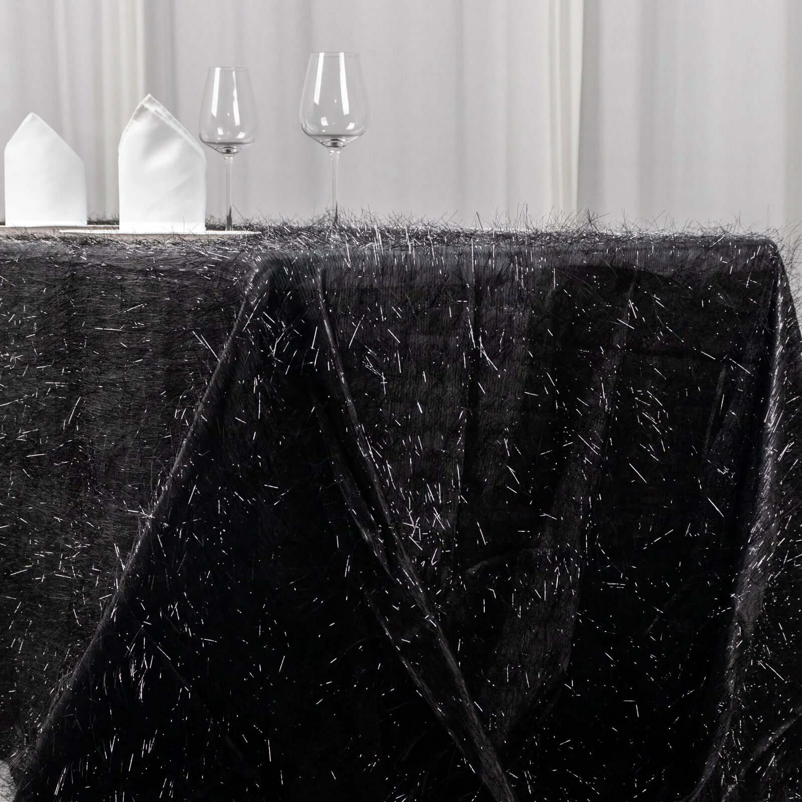 Polyester 90"x156" Rectangle Tablecloth Black Metallic Fringe Shag Tinsel Table Cover