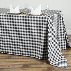 Polyester 90"x156" Rectangle Tablecloth White/Black - Seamless Checkered Buffalo Plaid Design for Rustic Occasions