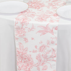 Polyester Table Runner 12"x108" White with Pink French Toile Floral Print Reusable Table Décor