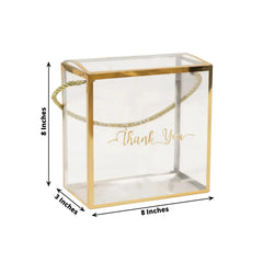 25 Pack Gold Trimmed Clear PVC Gift Boxes with Rope Handles and Thank You Print, Square Transparent Portable Candy Favor Boxes - 8"x8"