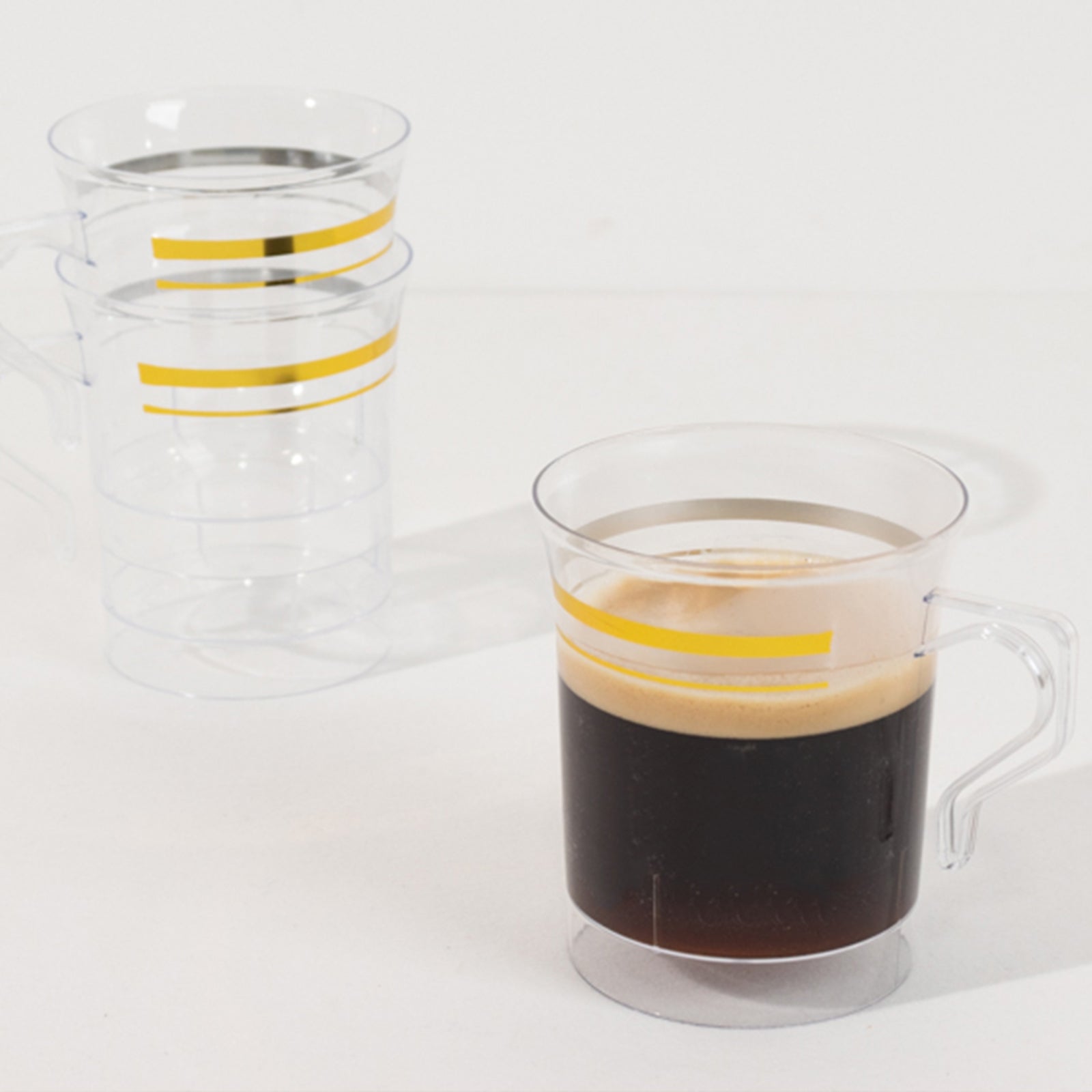 8-Pack Plastic Coffee Mugs Clear with Gold Stripes - Sturdy Disposable Cups for Coffee and Tea 8oz 3.5"