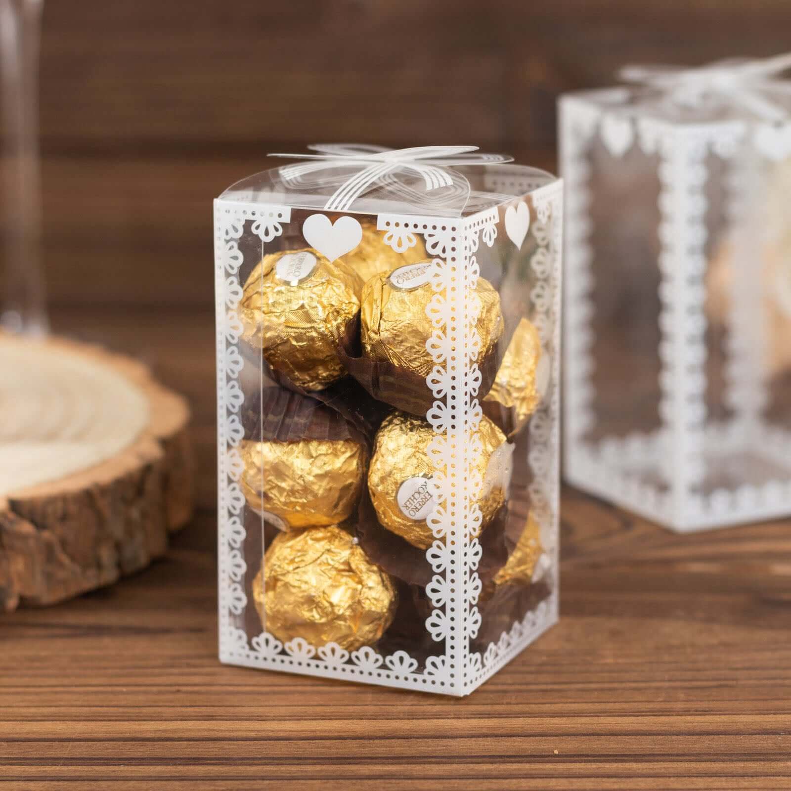 25 Pack Clear Rectangle Candy Gift Boxes With Bowknot and White Lace Pattern, 4" Transparent Plastic Party Favor Boxes - 2"x2"x4"