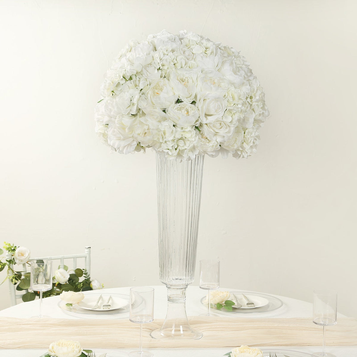 Pre-Arranged Silk Rose Wedding Centerpiece, Ivory Artificial Rose Flower Balls Arrangement Table Decor - 20"