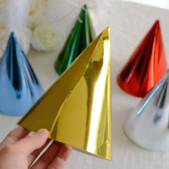 25 Pack Mixed Metallic Foil Cone Party Hats, Pre-Strung Paper Birthday Hats - 5"x7"