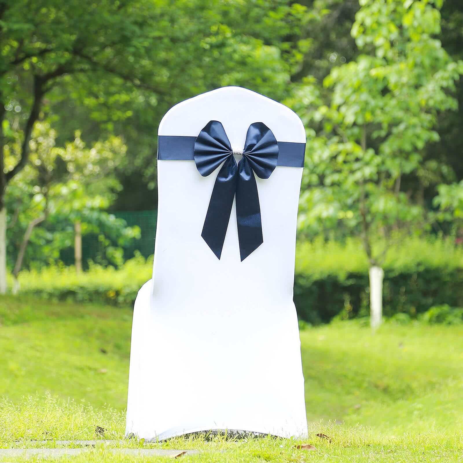 5 Pack Satin Faux Leather Chair Sashes Navy Blue - Durable Double Sided Pre-tied Bow Tie Chair Bands with Diamond Rhinestone Buckles