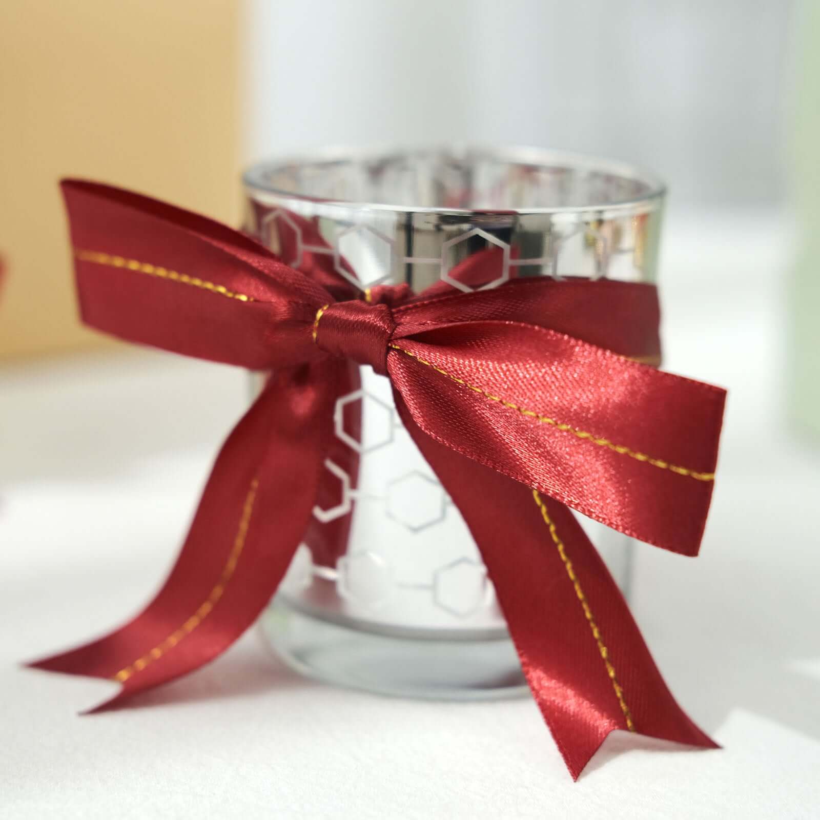 50 Pack Burgundy 10" Pre Tied Satin Ribbon Bows With Gold Foil Lining For Gift Basket and Party Favors Decor