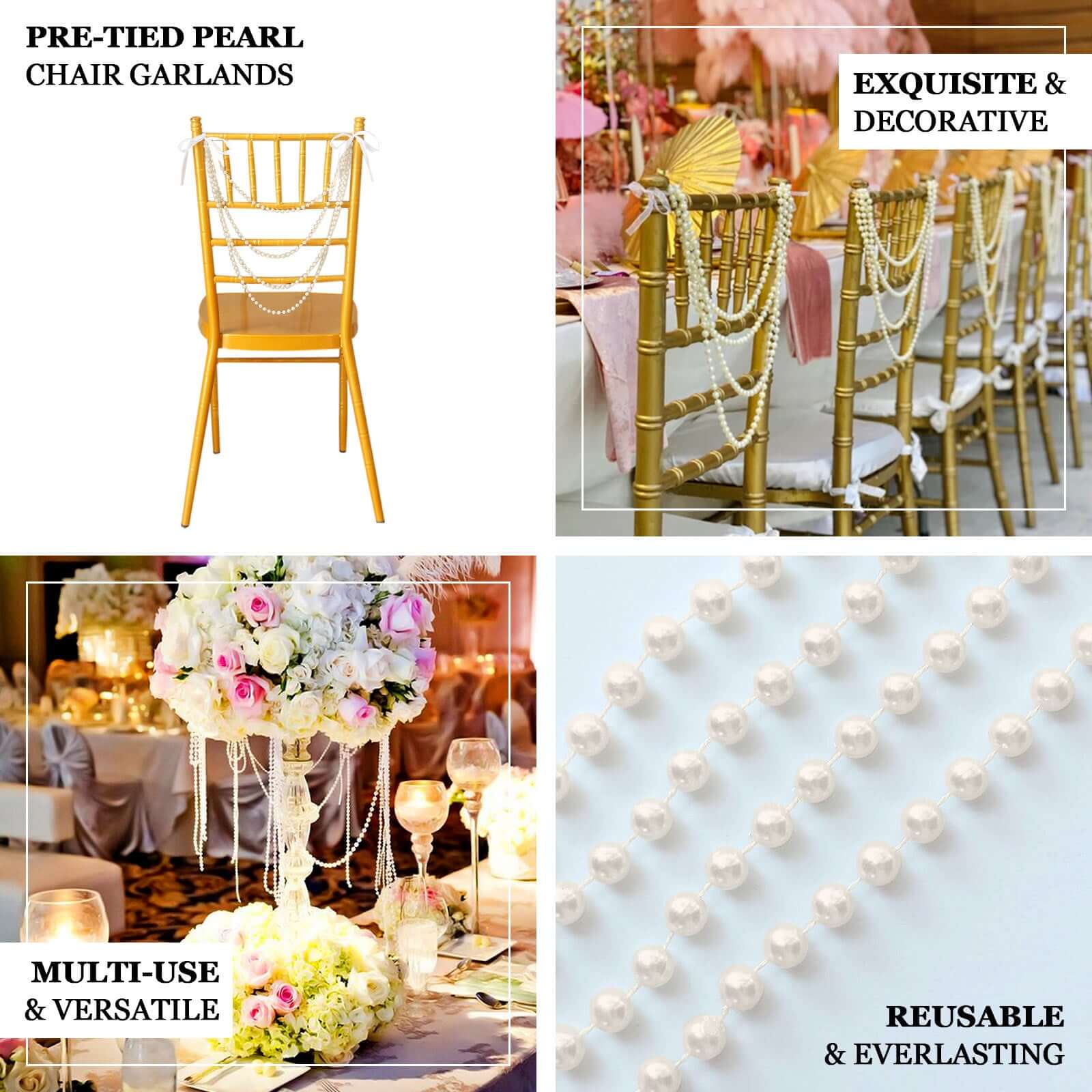 Faux Pearl Beaded 16" Chair Back Garland Sash White Gatsby-Inspired Style - Pre-Tied Chic Wedding Decor for Chiavari Chairs