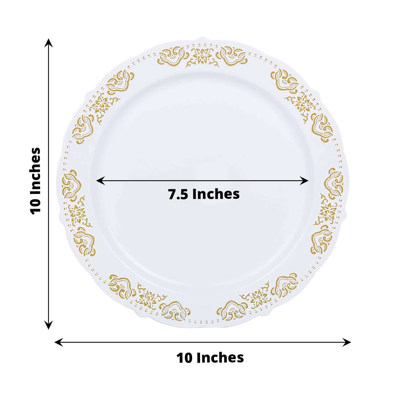 10-Pack Plastic 10" Round Dinner Plates in White with Gold Embossed Scalloped Edge - Chic Disposable Party Plates for Special Occasions & Banquets
