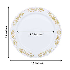 10-Pack Plastic 10" Round Dinner Plates in White with Gold Embossed Scalloped Edge - Chic Disposable Party Plates for Special Occasions & Banquets