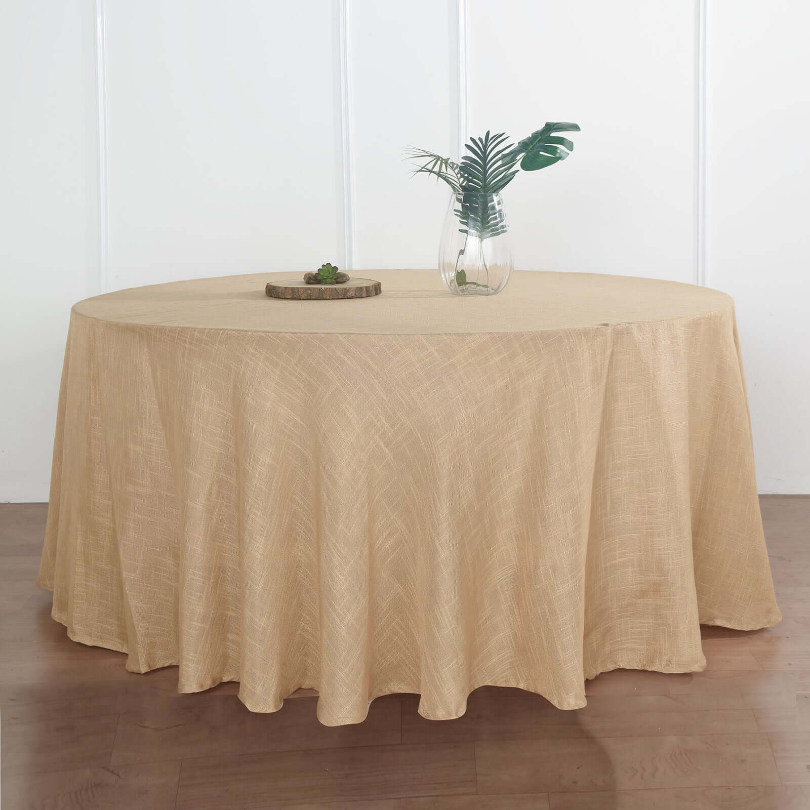 Faux Linen 120" Round Tablecloth Natural - Slubby Texture Wrinkle-Resistant Seamless Table Cover