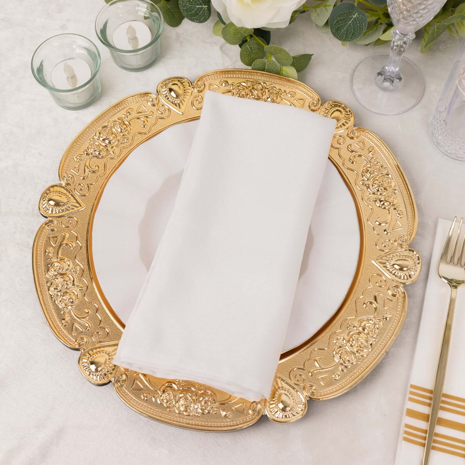 6-Pack Acrylic Round Charger Plates 13" in Gold Floral Embossed with Scalloped Rim, Plastic Decorative Charger Tableware