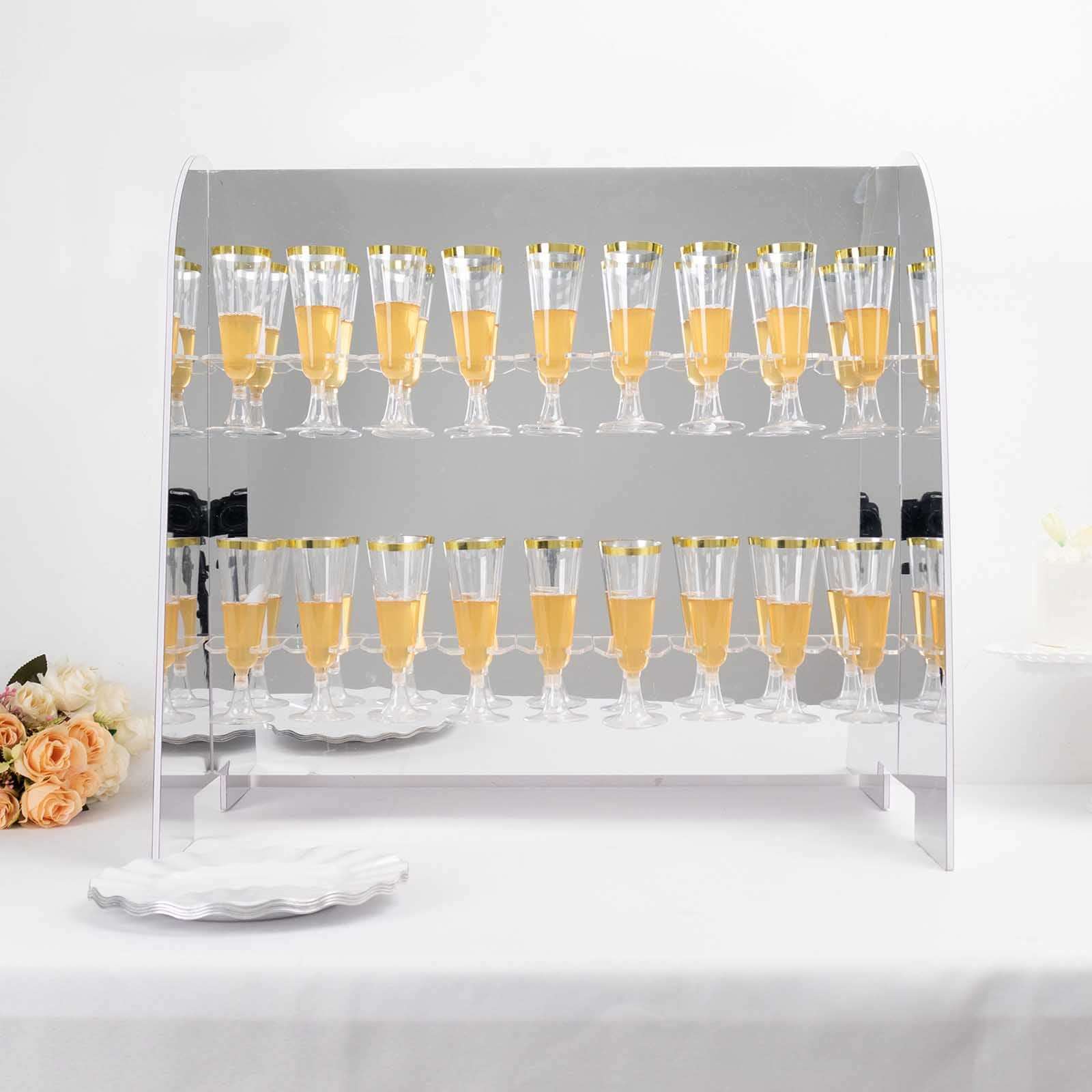 2-Tier Champagne Glass Holder Display Stand Table Top in Silver Mirror Finish - Modern Stemware Rack Cocktail Drink Holder with 18 Hooks for Events & DIY Bars 25"
