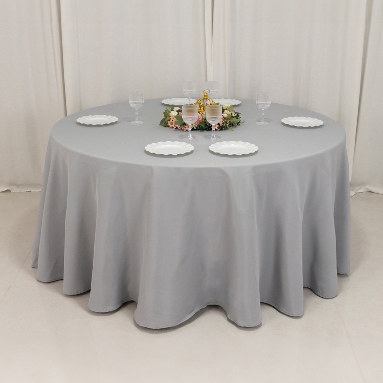 Premium Polyester 120" Round Tablecloth Silver - Seamless 220GSM Wrinkle-Resistant Table Cover