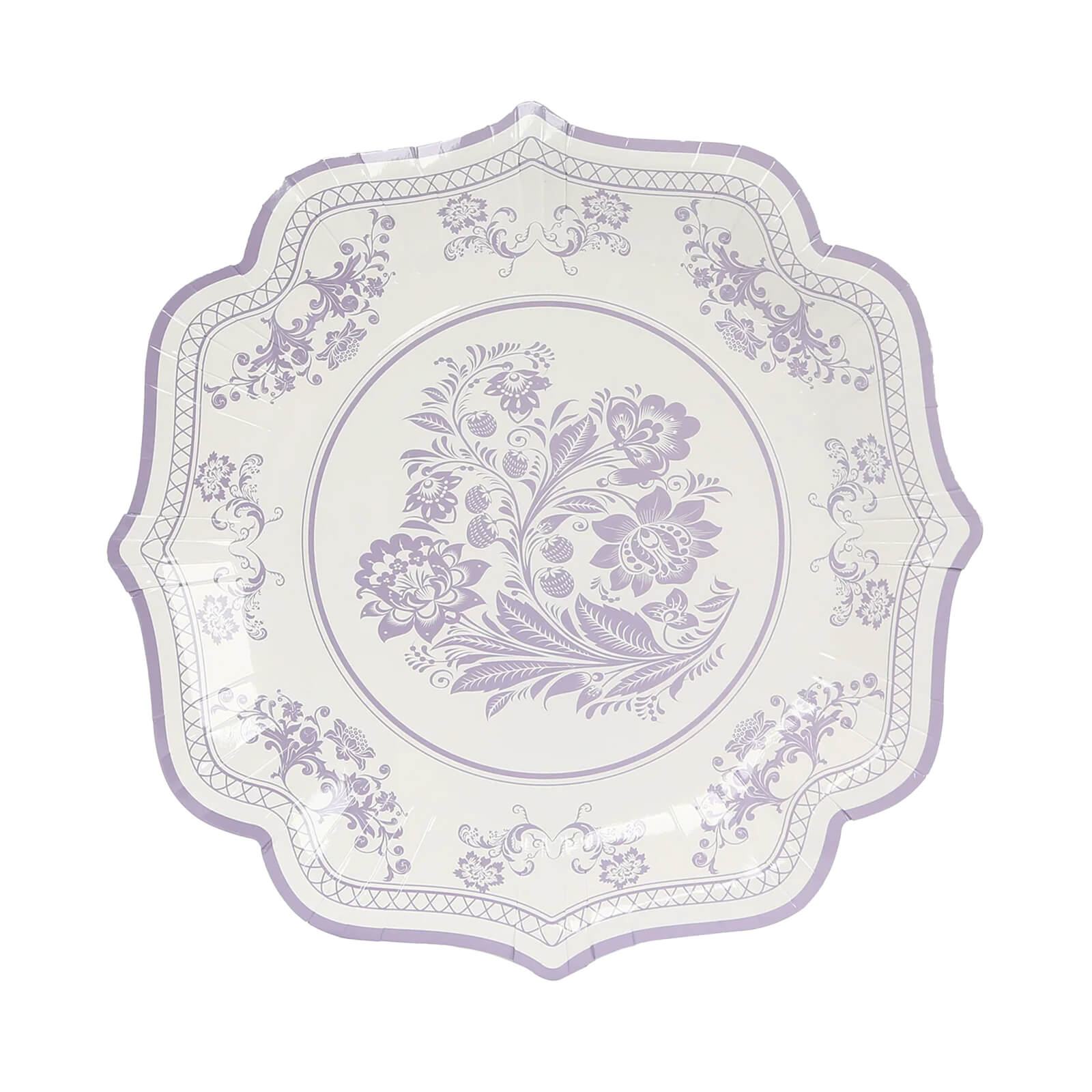 25-Pack Paper Dessert Plates in White with Lavender Lilac Damask Floral Print & Scallop Rim - Stylish Disposable 300GSM Floral Salad Appetizer Plates 8"