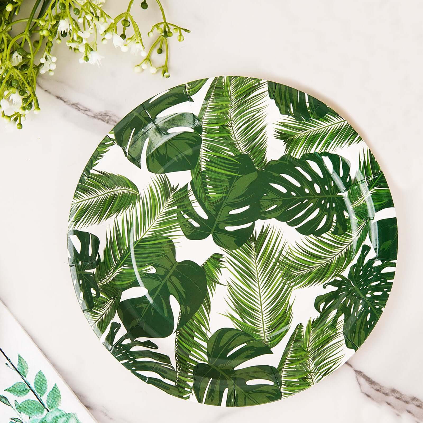 25-Pack Paper 7" Round Dessert Plates in White with Tropical Palm Leaf Design - Disposable 300GSM Appetizer Salad Plates for Boho Chic & Jungle Themed Events