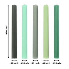 5-Pack Taper Candles Ribbed Wick Ribbon Wax Design Assorted Green - Premium Unscented Dinner Candles 9"