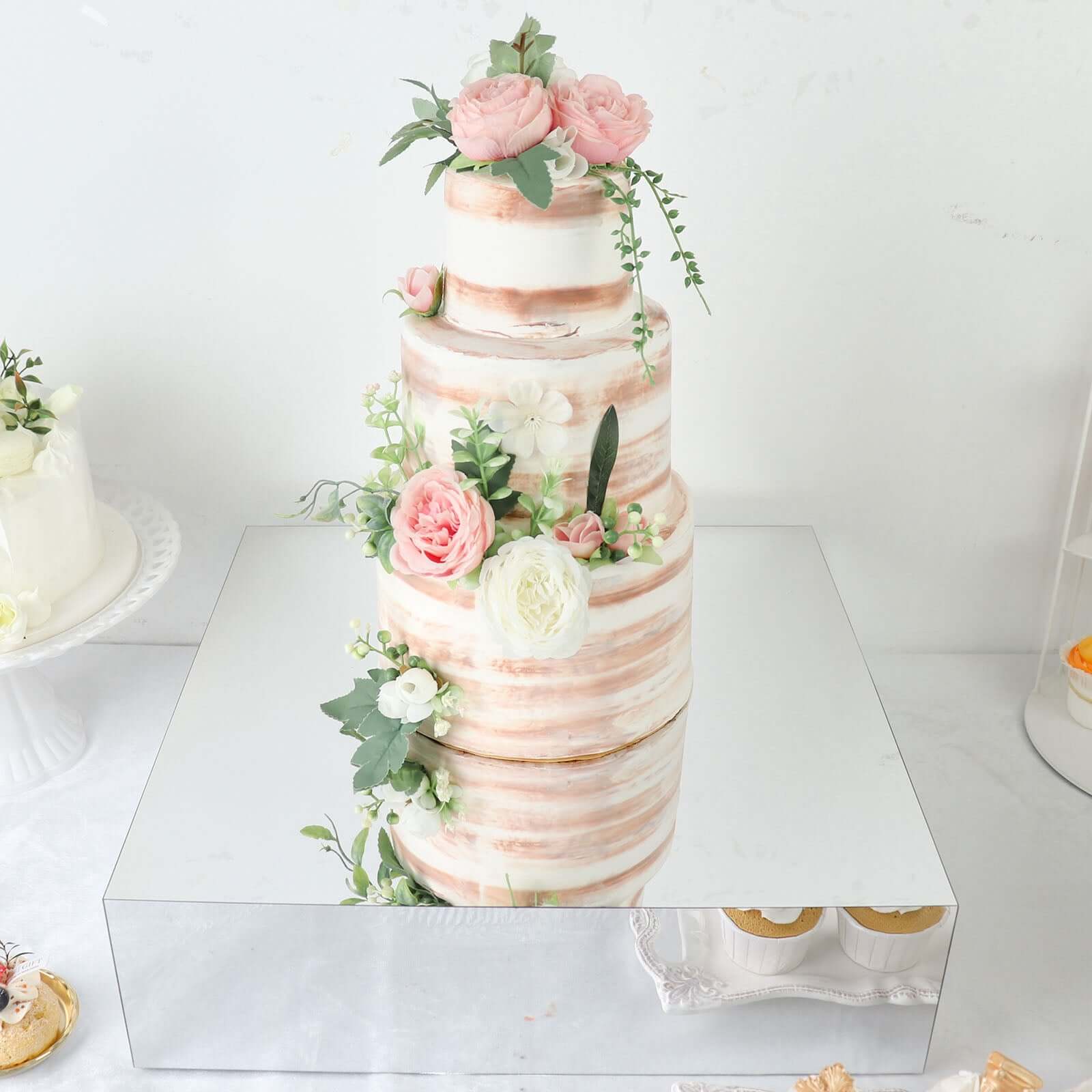 Acrylic Cake Box Stand Pedestal Riser Mirror Finish Silver - Decorative Display for Weddings 18"x18"