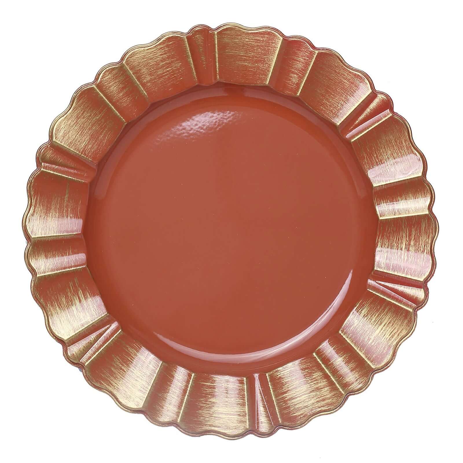 6-Pack Acrylic Plastic Round Charger Plates 13" in Terracotta (Rust) with Gold Brushed Wavy Scalloped Rim, Decorative Dinner Party Charger Tableware