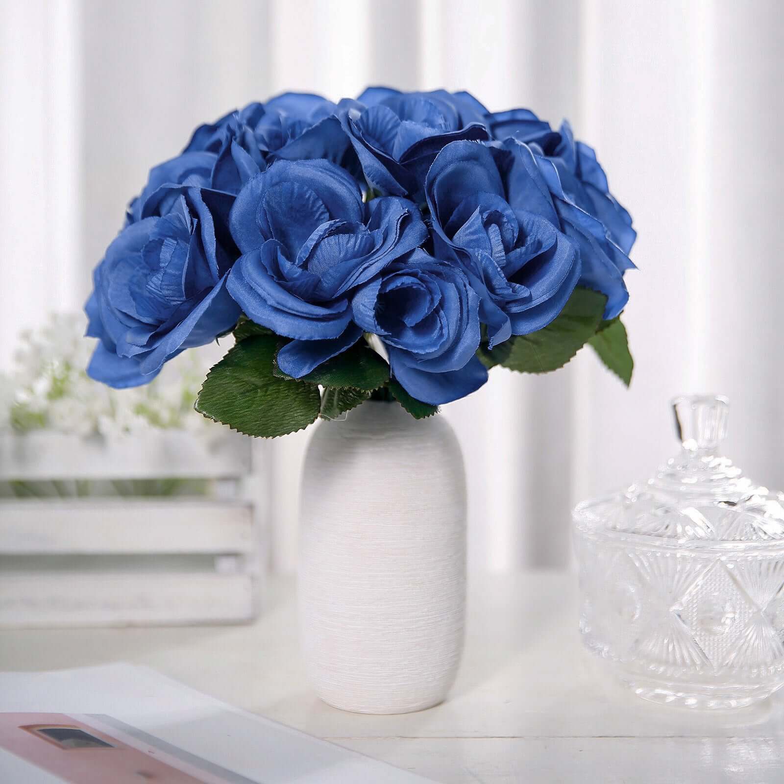 12" Royal Blue Artificial Velvet-Like Fabric Rose Flower Bouquet Bush
