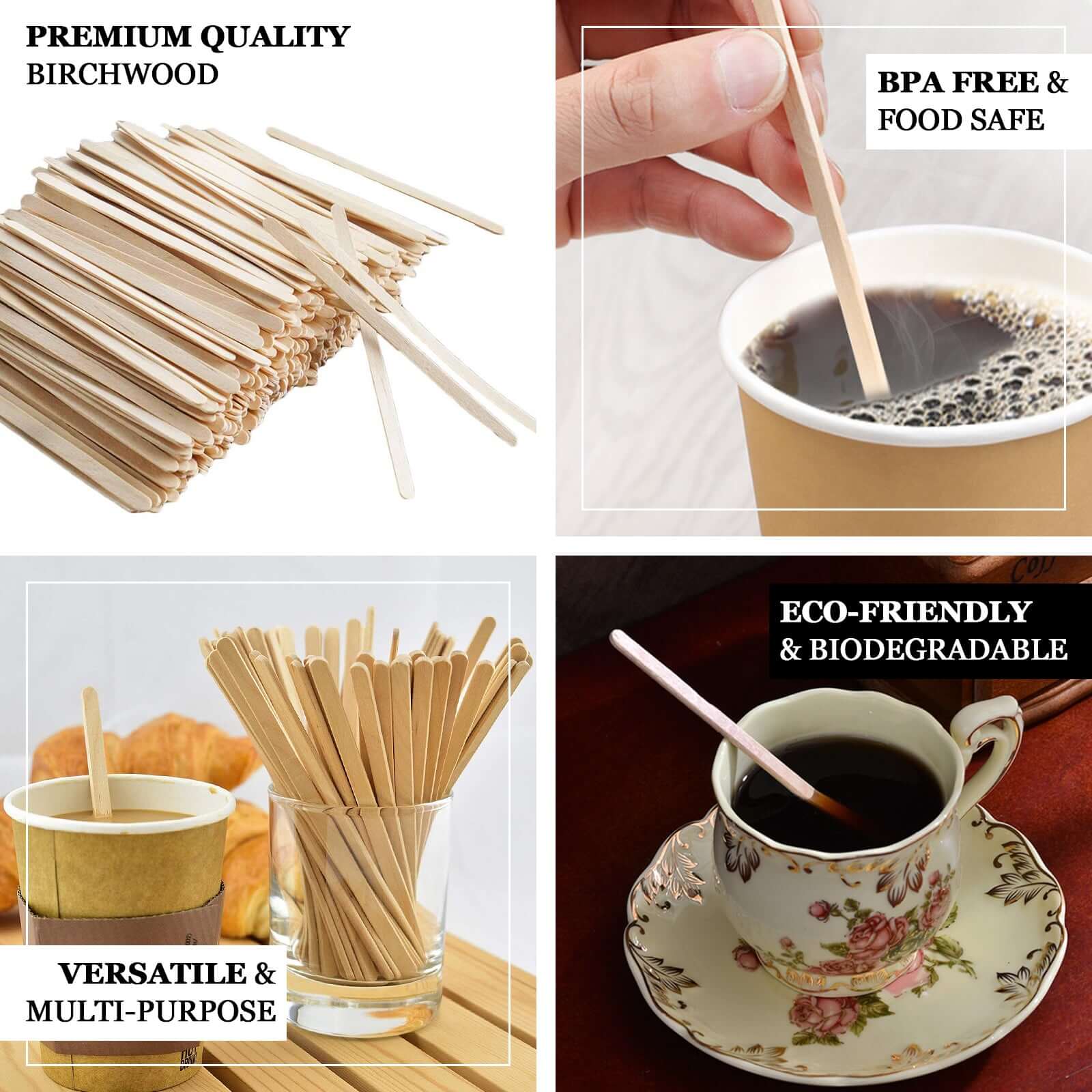 1000-Pack Birchwood Coffee Stirrers - Natural Eco-Friendly Wooden Stir Sticks for Tea & Cocktails 4.5"
