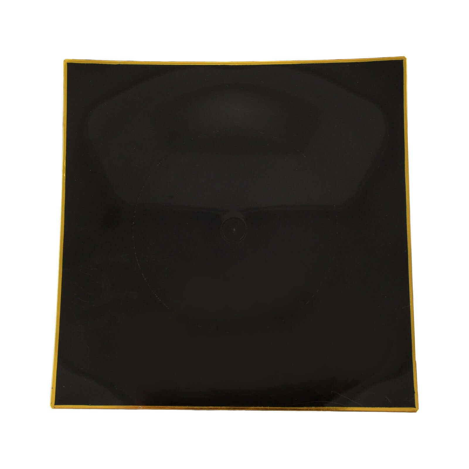 10-Pack Plastic 8" Square Dessert Plates in Black Concave Style with Gold Rim - Modern Disposable Salad Appetizer Party Plates