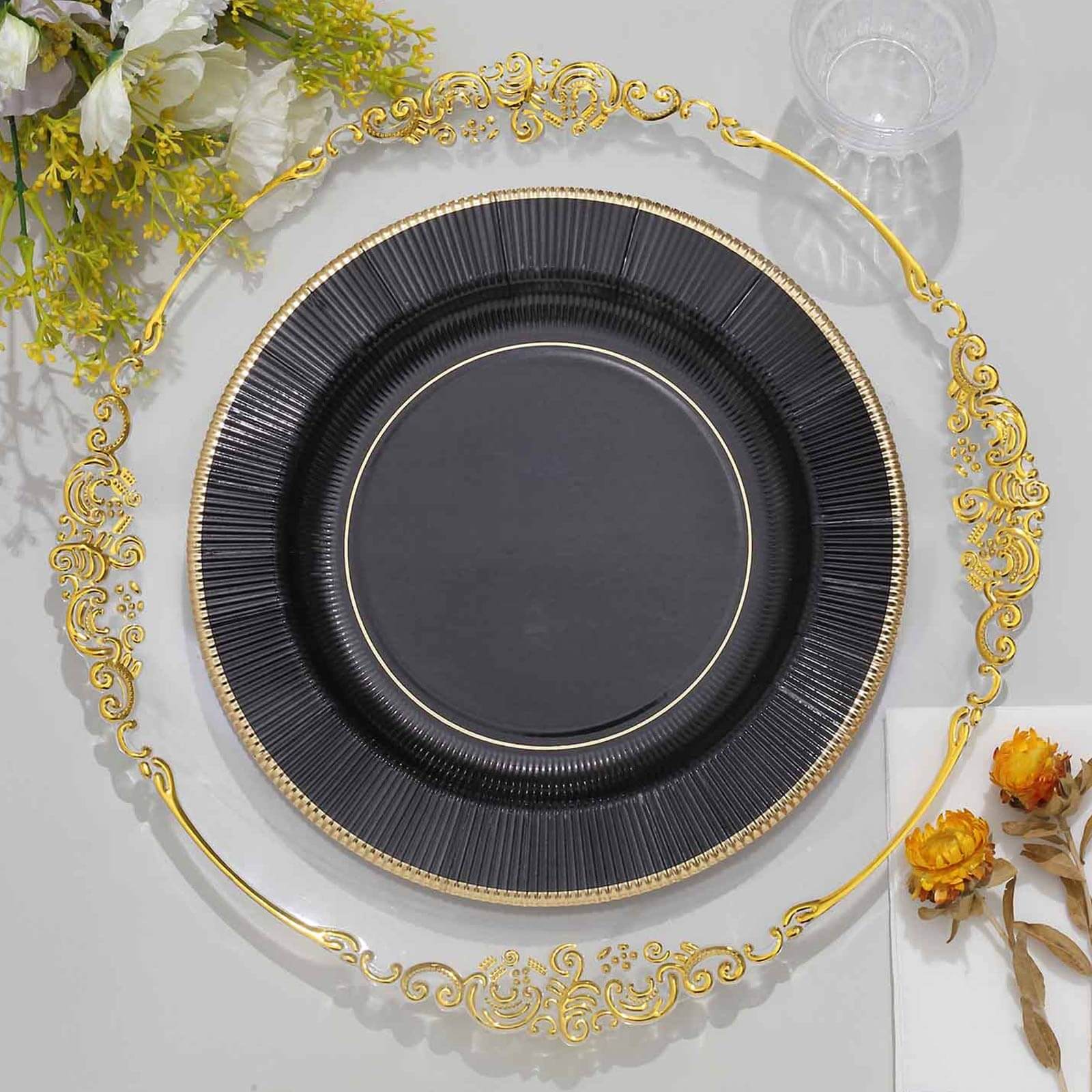 25-Pack Paper 10" Round Dinner Plates in Black Sunray Design with Gold Rim - Disposable Heavy Duty 350GSM Party Plates for Banquets & Celebrations