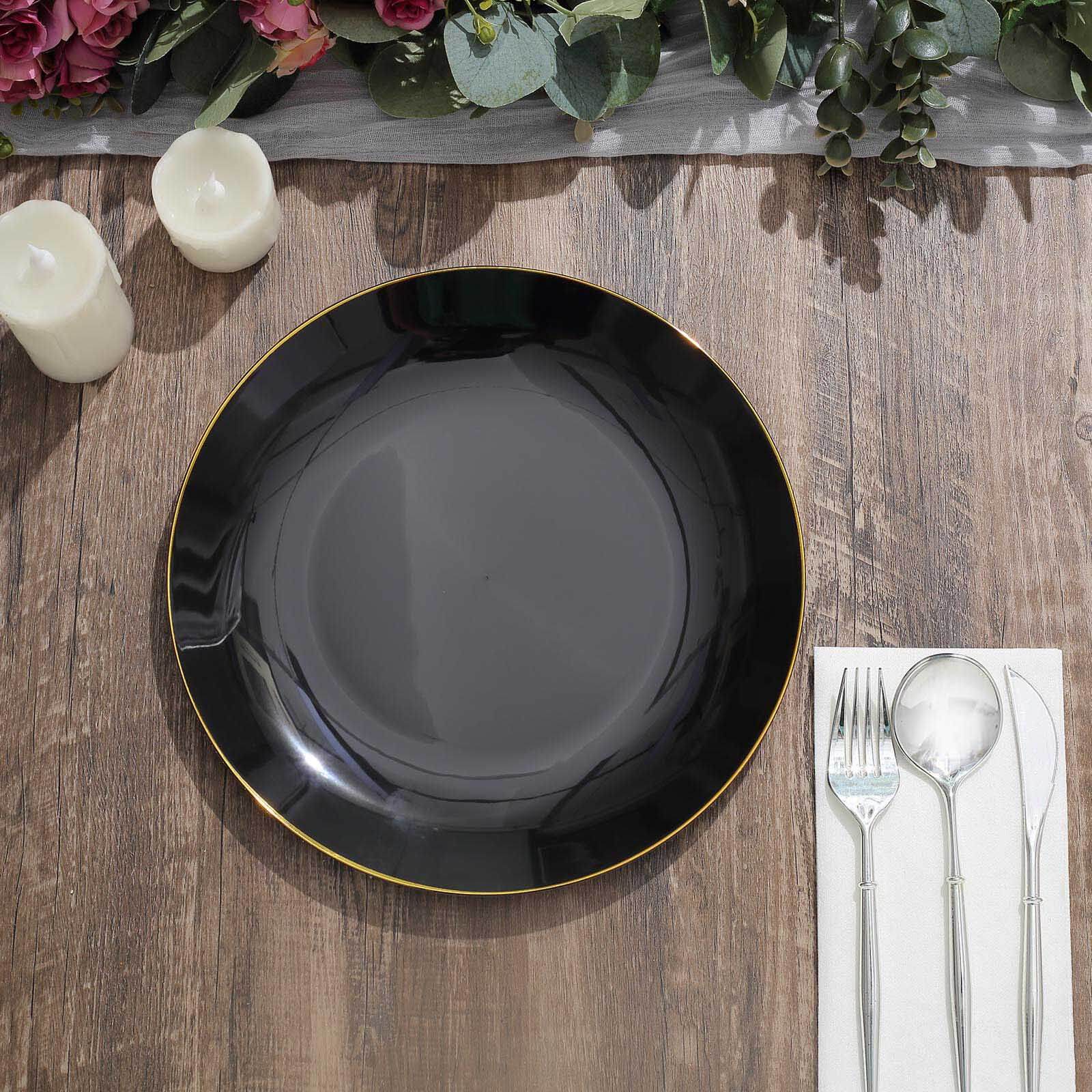 10-Pack Plastic 10" Round Dinner Plates in Black with Gold Rim - Glossy Disposable Party Plates