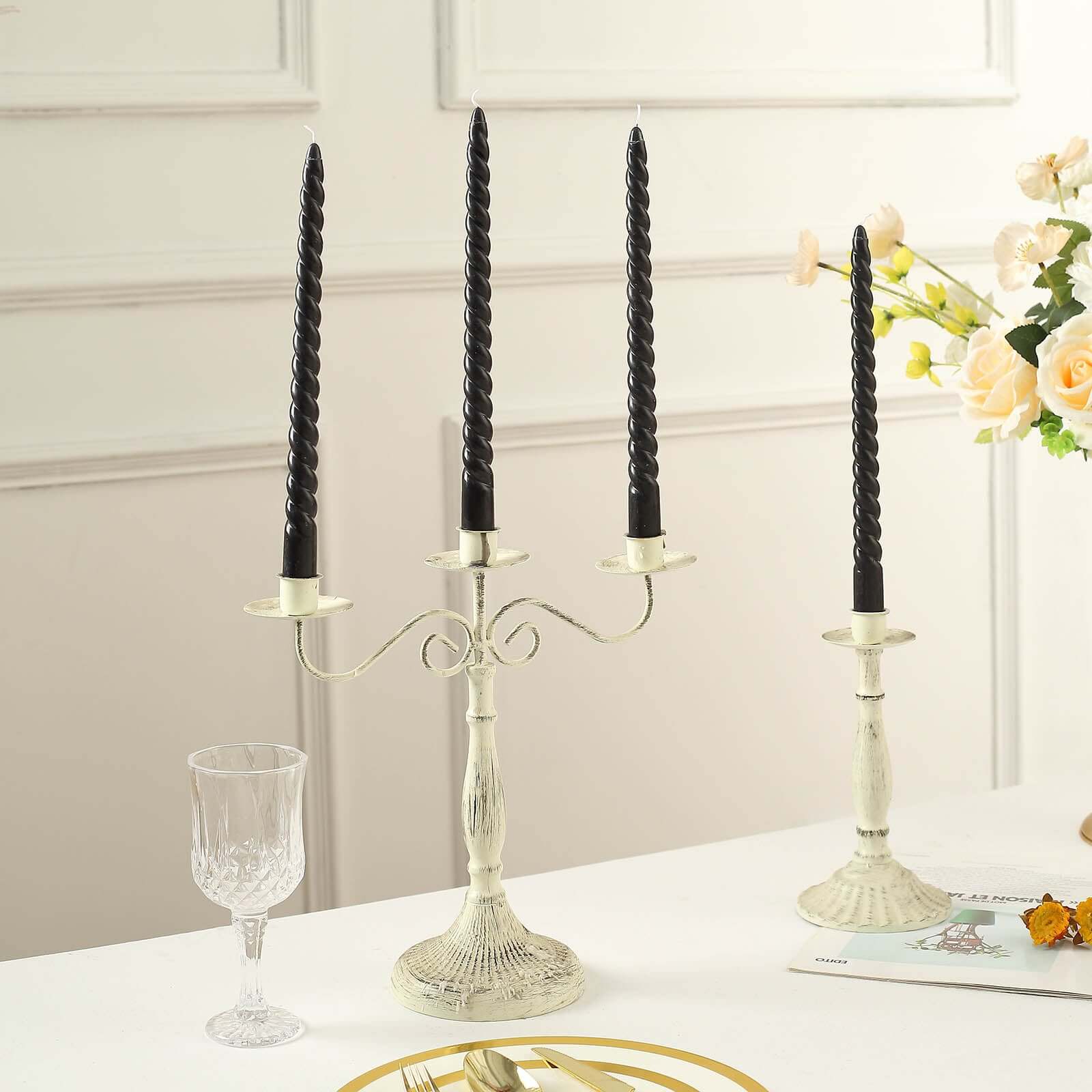 12-Pack Taper Candles Spiral Long Burn Wick Design Black - Premium Unscented Wax Dinner Candle Sticks 11"