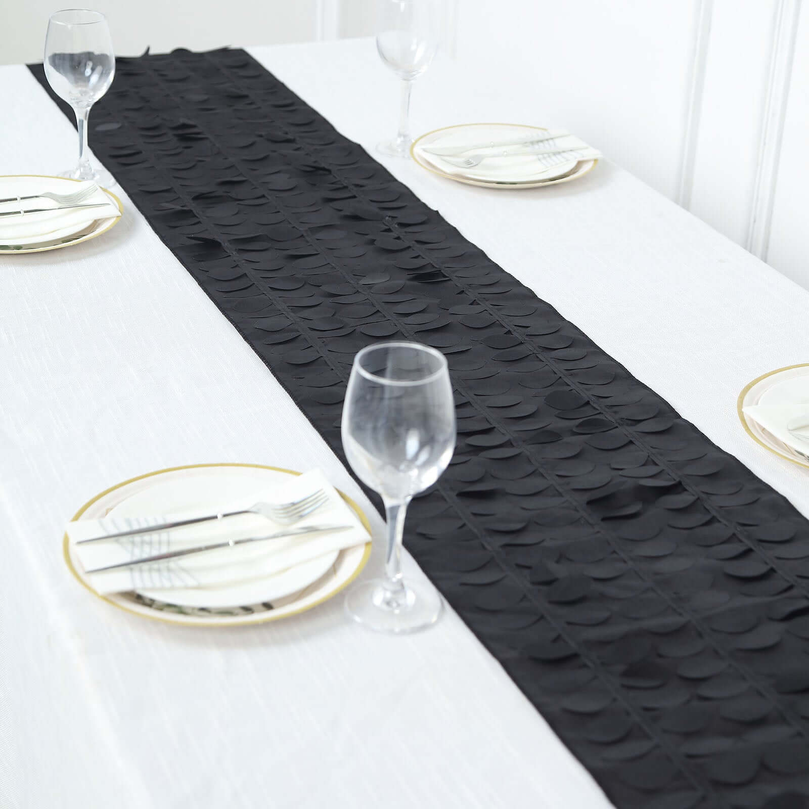 Taffeta Fabric 12"x108" Table Runner Black - 3D Leaf Petal Design