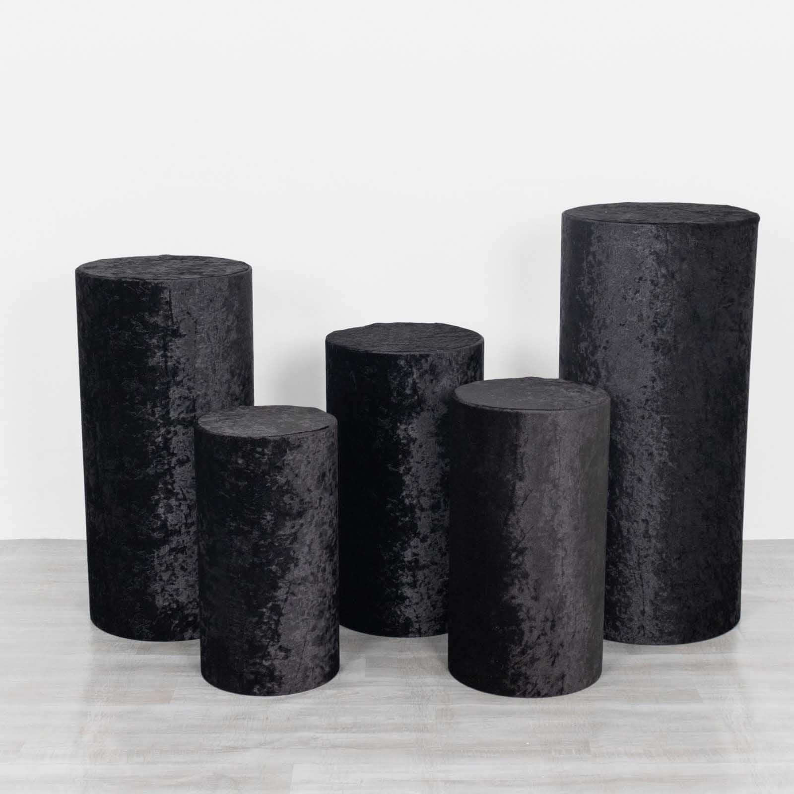 Set of 5 Black Crushed Velvet Cylinder Pedestal Stand Covers, Premium Pillar Prop Covers