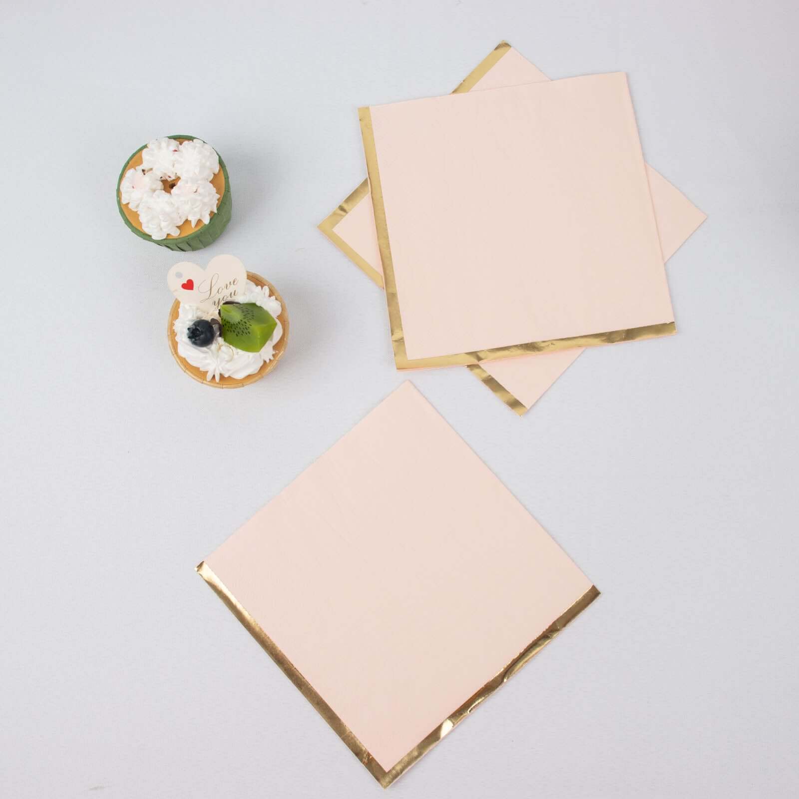 50-Pack Paper Beverage Napkins with Gold Foil Edge Blush - Disposable 2 Ply Cocktail Napkins for Events 6.5"x6.5"