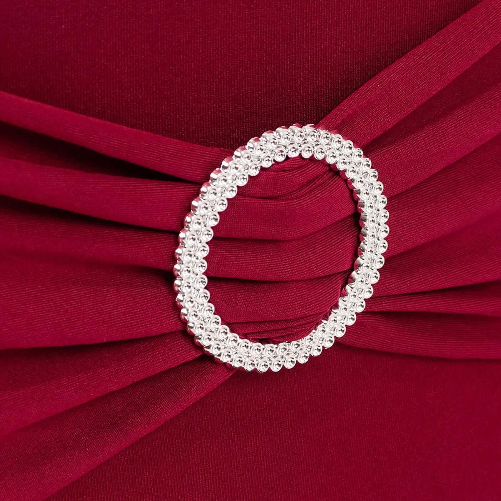 Stretch Spandex Chair Cover Burgundy for Folding Chairs - Secure Fit Slipcover with Silver Rhinestone Buckled Sash Band