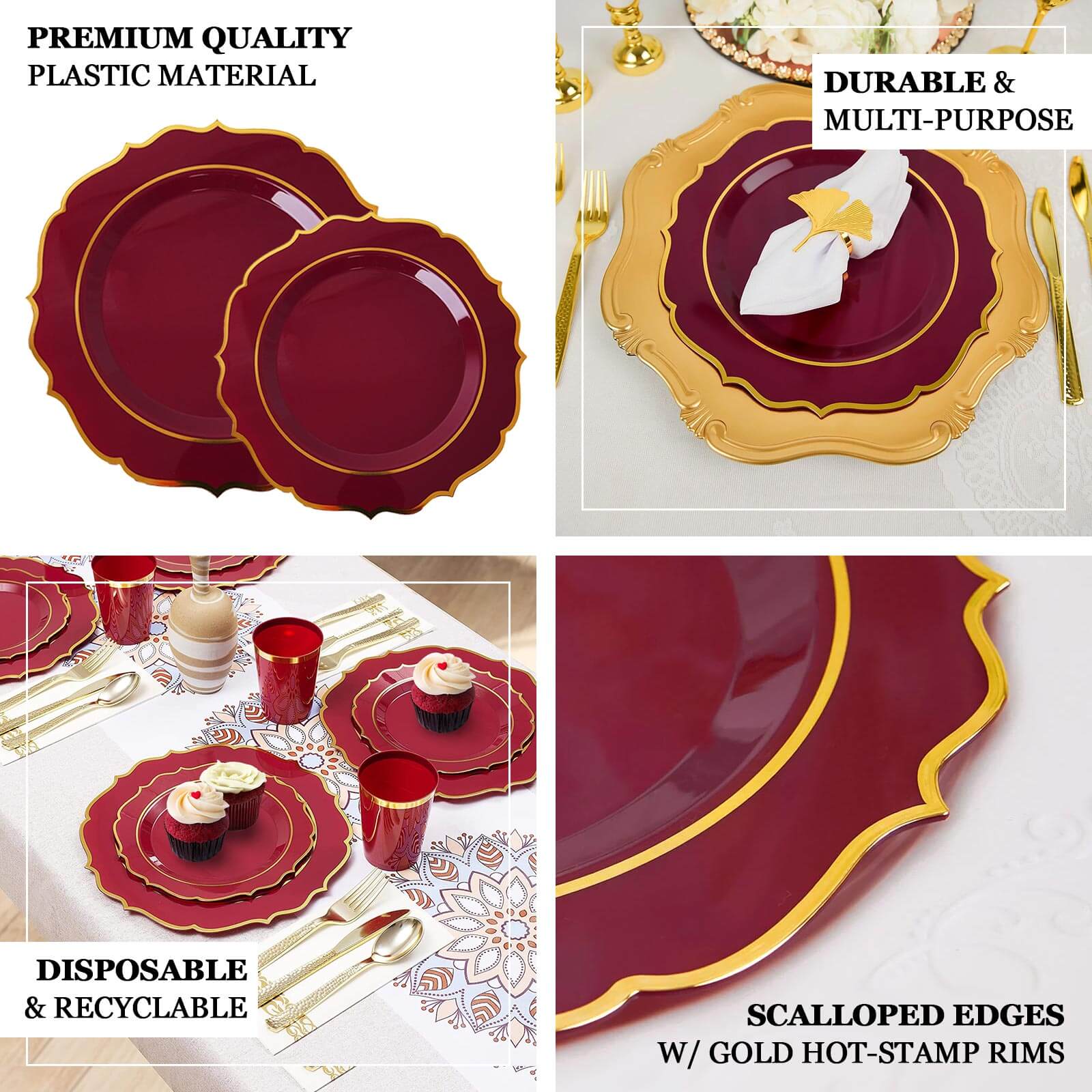 10-Pack Plastic 10" Round Dinner Plates in Burgundy with Gold Scalloped Rim - Disposable Party Plates