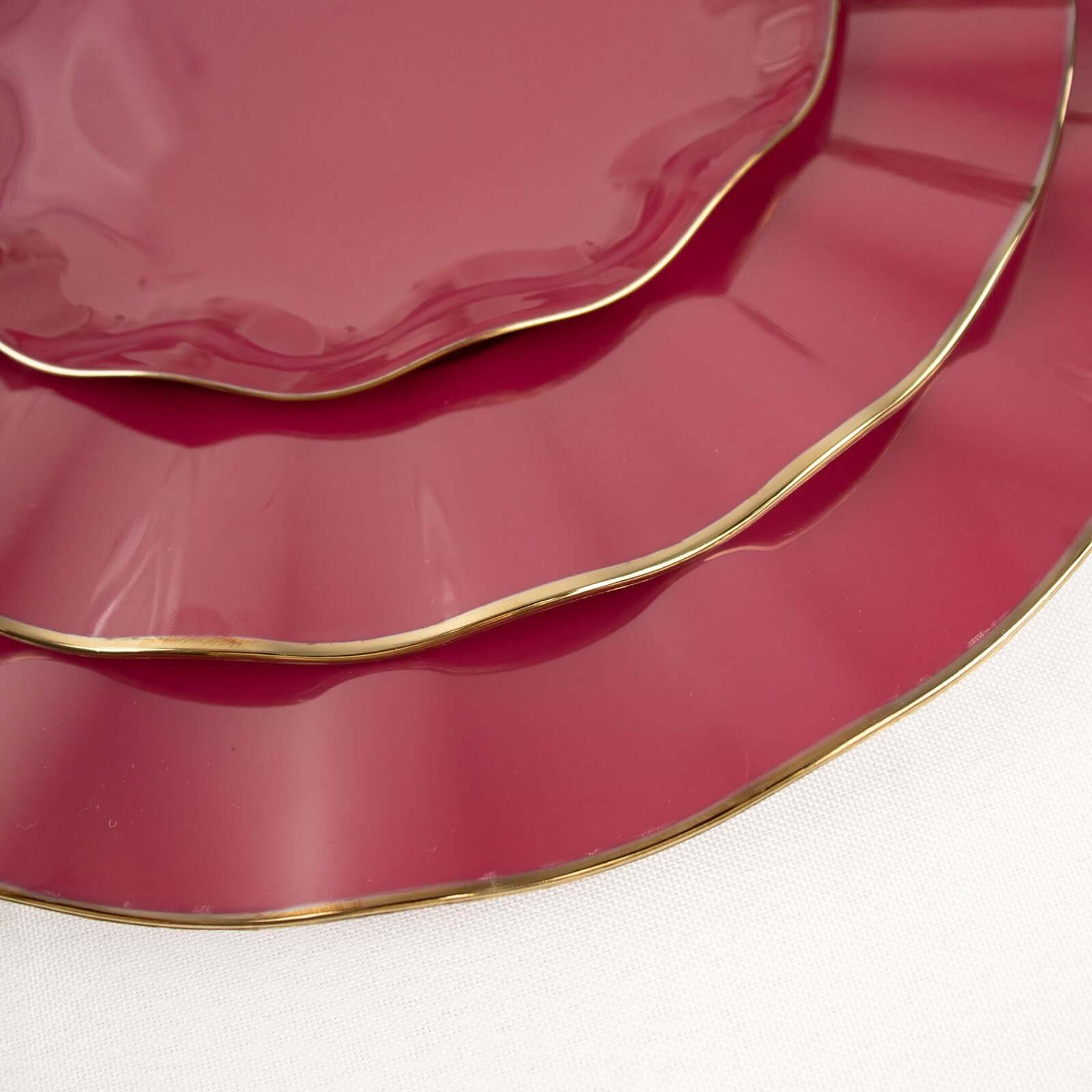 10-Pack Plastic Round 6" Dessert Plates in Burgundy Ruffled Rim with Gold Edging - Sturdy Disposable Salad Appetizer Dinnerware