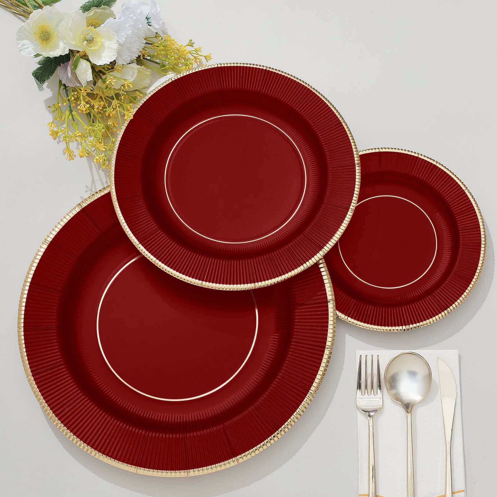 25-Pack Paper 8" Round Dessert Plates in Burgundy Sunray Design with Gold Rim - Disposable Heavy Duty 350GSM Appetizer Salad Plates