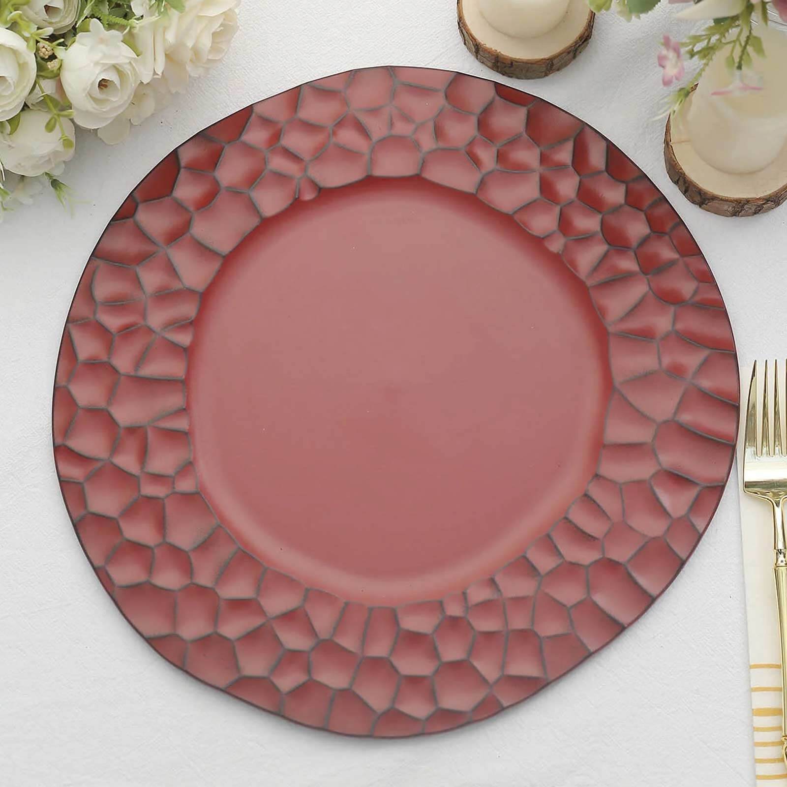 6-Pack Round Charger Plates 13" in Burgundy with Hammered Rim, Matte Finish Modern Dinner Charger Tableware