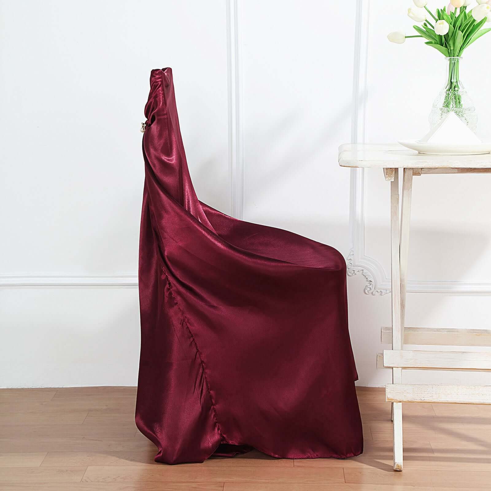 Satin Chair Cover Self-Tie Universal Design Burgundy - Durable Slip-On Cover for Folding, Dining, Banquet & Standard Chairs